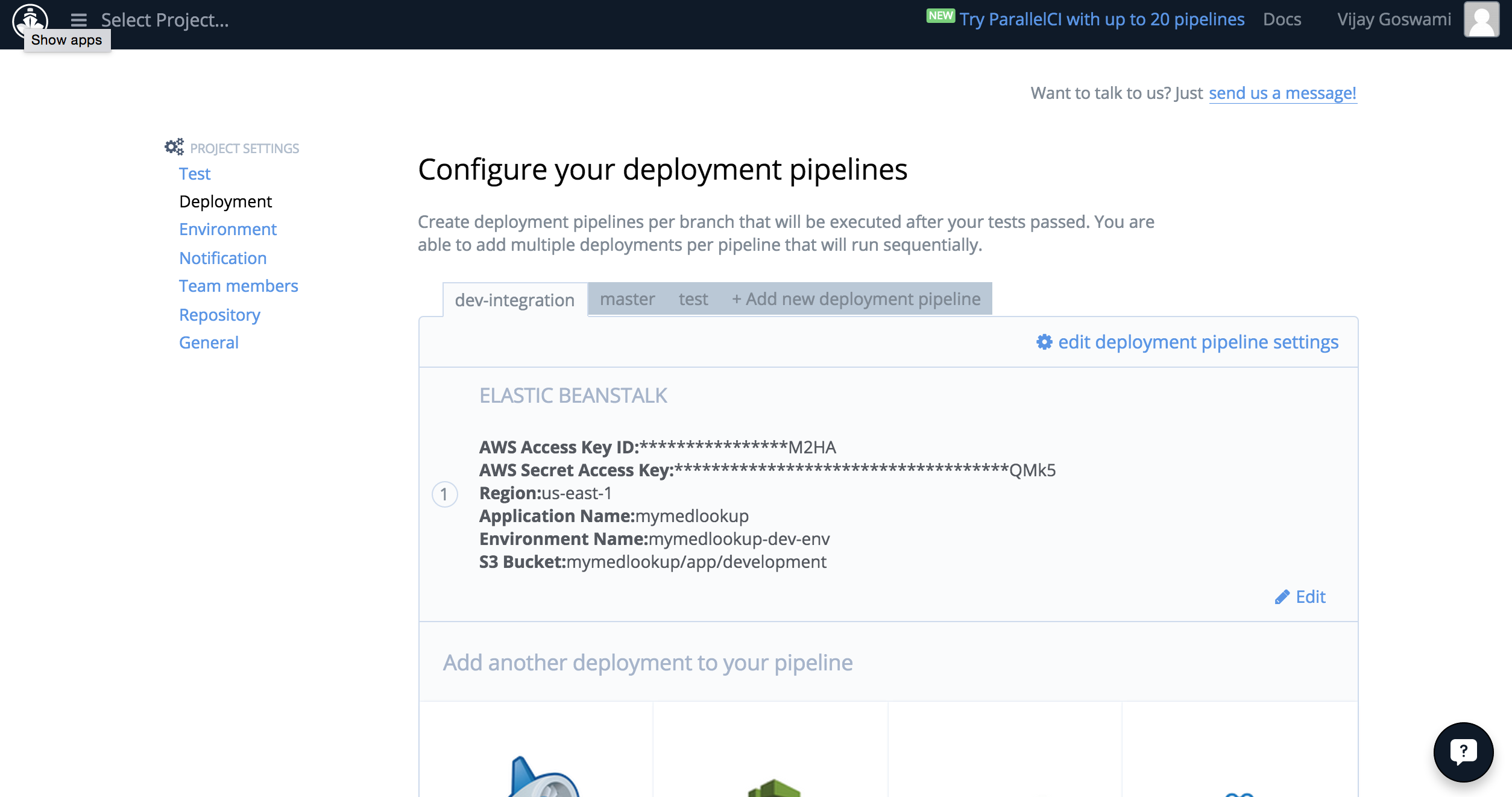 dev-integration branch deployment settings