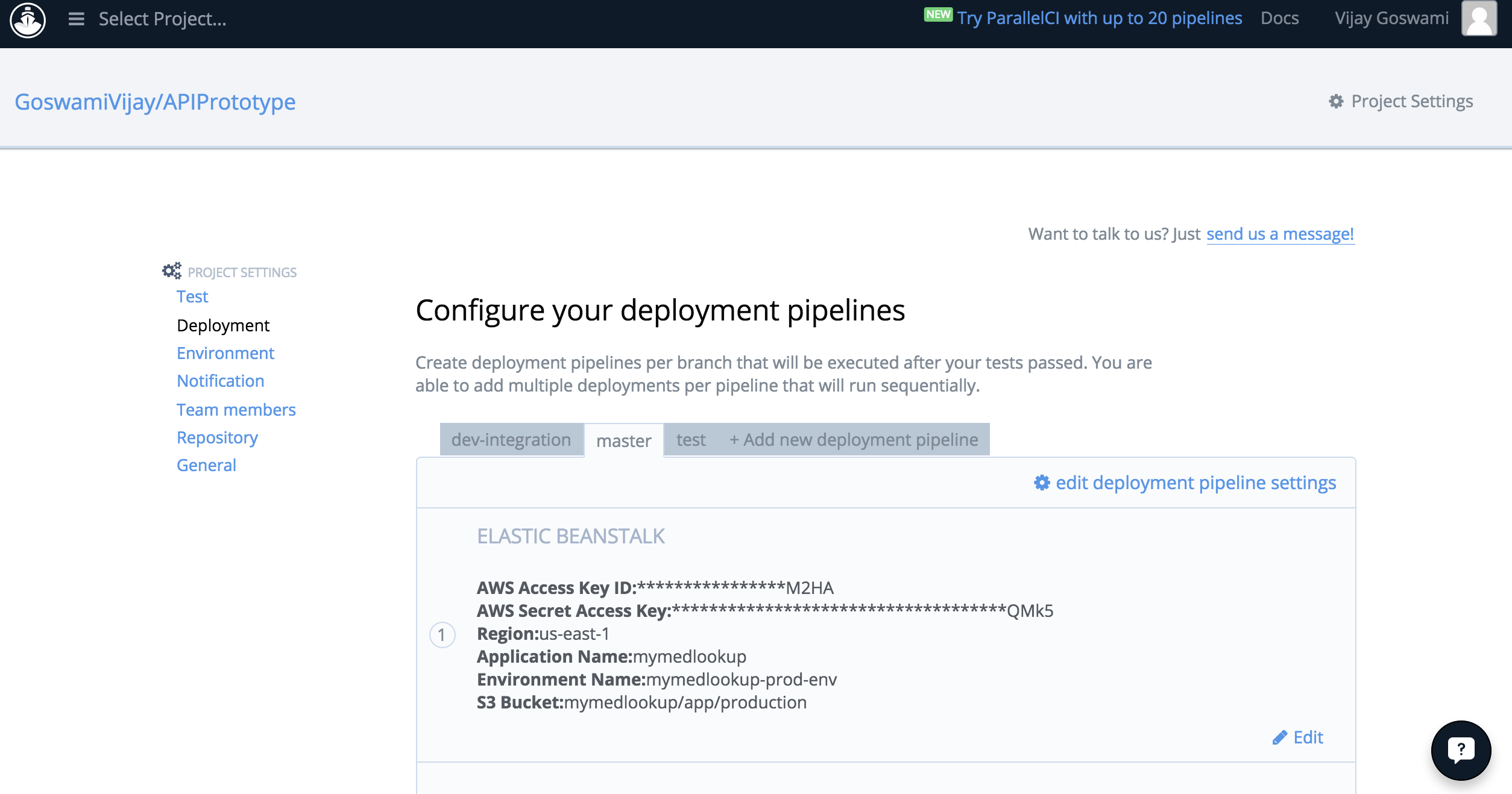 master/production branch deployment settings