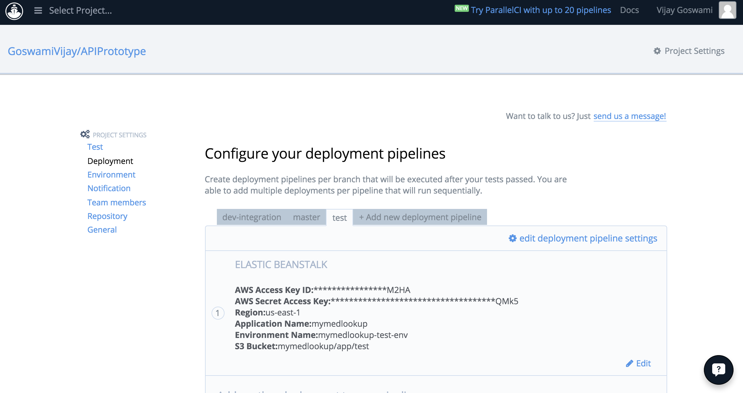 test branch deployment settings